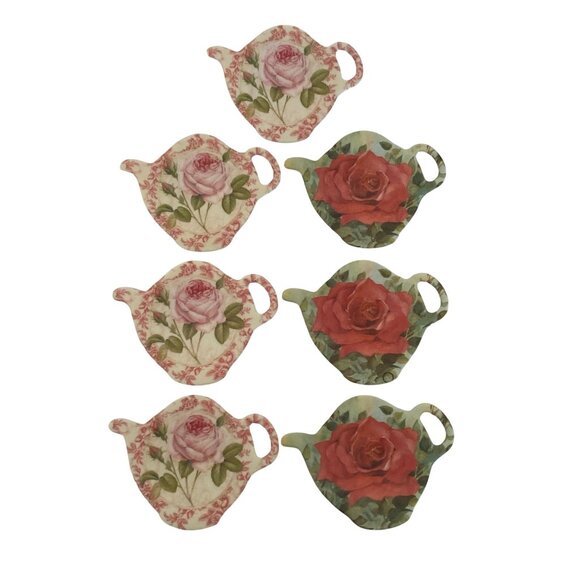 TEA BAG Holders Teapot Shape Floral RoseDesign Melamine Italy Lot of 7 - Picture 1 of 9